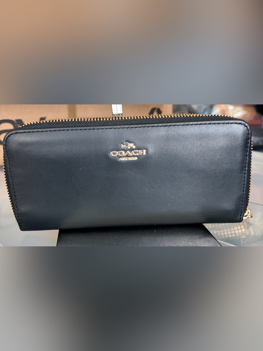 Coach Black Leather Zip Wallet with Gold Logo